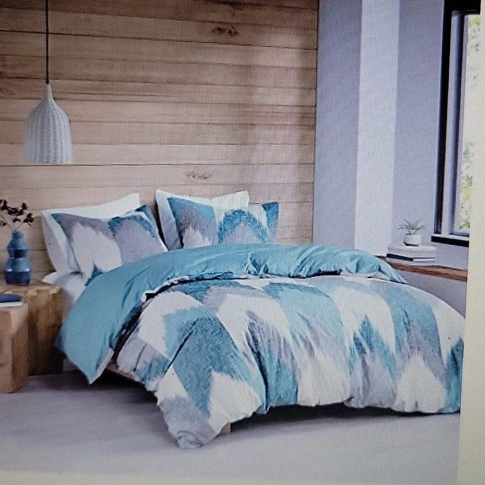INK+IVY AQUA GRAY WHITE GEOMETRIC ALPINE DUVET COVER SET FULL/QUEEN 88X92